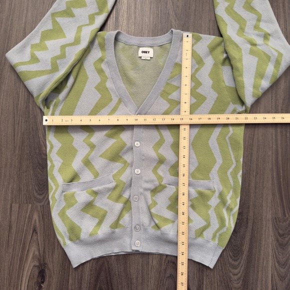 Obey Knit Grandpa Cardigan Blue Green Geometric Sweater Men's Medium.small Stain - Picture 4 of 6